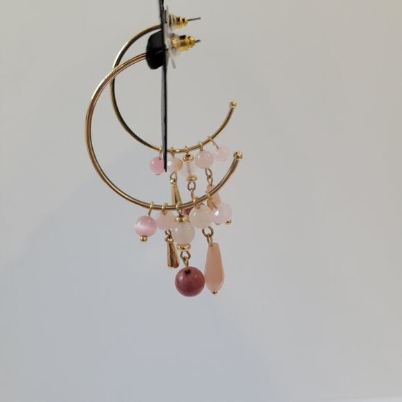 G By Gennaro Gold Tone Half Hoop Earrings with Pink Dangle Bead Accents NWT - Picture 2 of 4